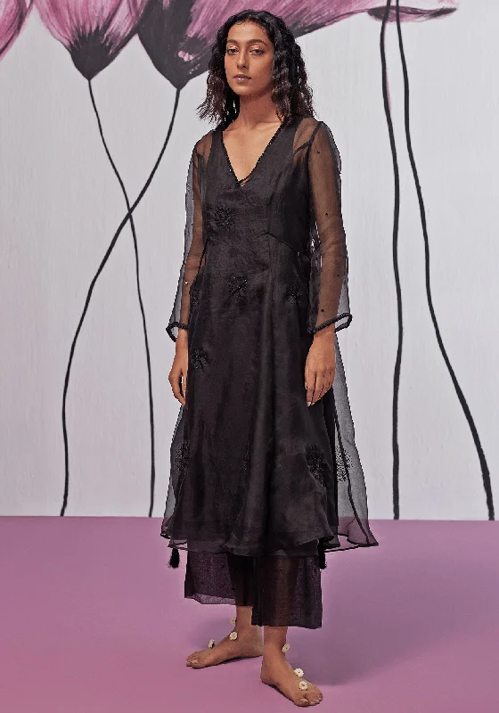 Black Organza Kurta Pants Set Trendy Wide-Leg Pants