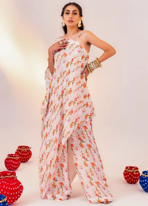 Ivory Printed Georgette One-Shoulder Kurta With Pant Trendy Palazzo Pants