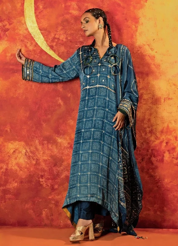 Blue Embroidered And Hand-Blocked Satin Kurta Pant Set Slim-Fit Khaki Pants