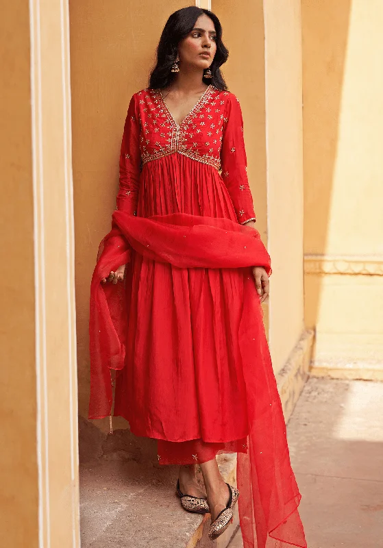Royal Red Silk Kurta Pants Set Comfortable Denim Pants