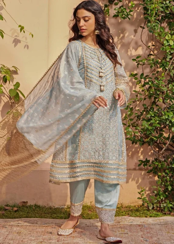 Sky Blue And Gold Straight Kurta Pants Set Cozy Lounge Pants