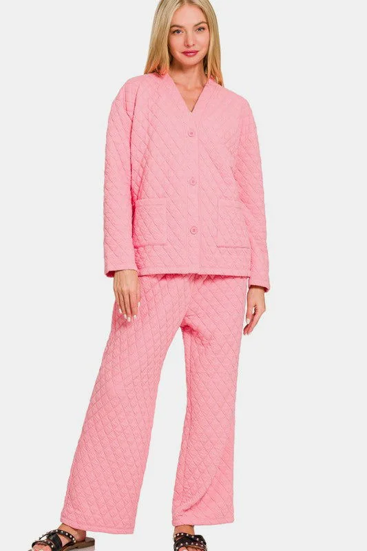 Zenana Quilted Button Up Long Sleeve Top and Pants Lounge Set In Pink Classic Chino Pants