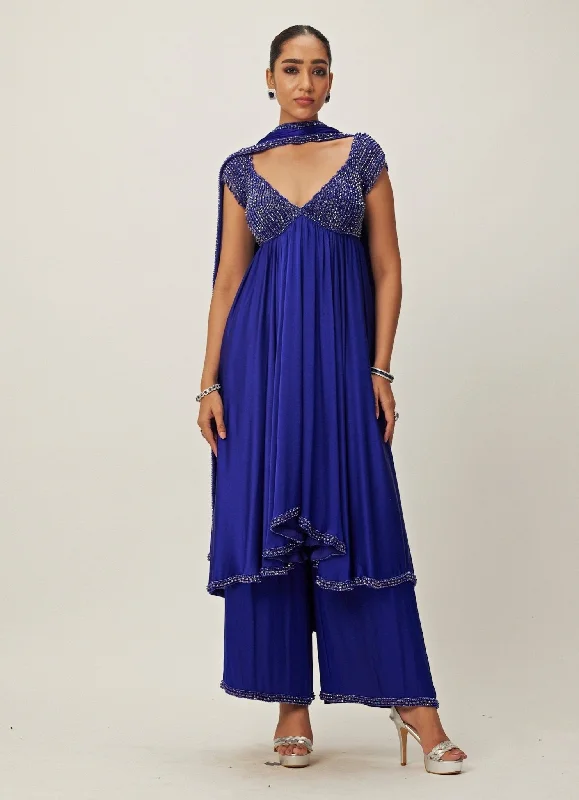 Blue Crystal And Sequin Hand Embroidered Kurta Pant Set Chic Checkered Pants