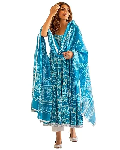 GoSriKi Women's Cotton Blend Floral Regular Kurta with Pant & Dupatta (Kalishta Sky Blue-GS Relaxed Lounge Trousers