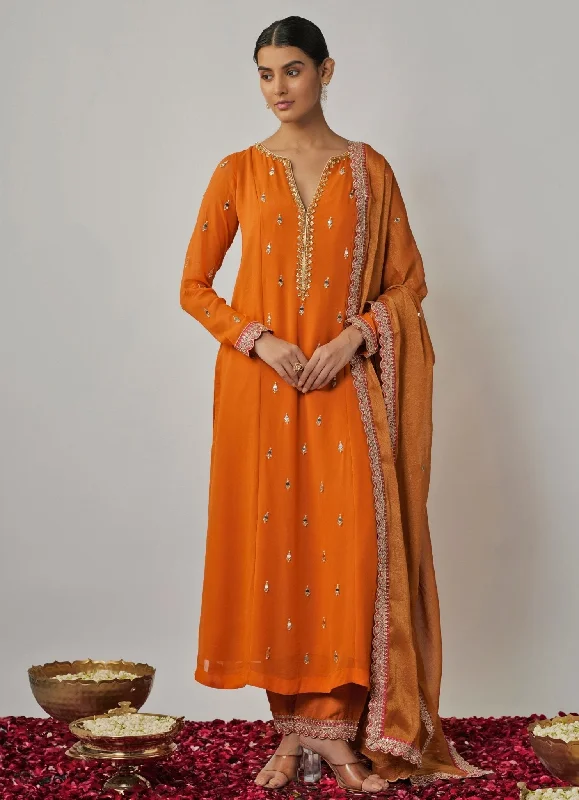 Orange Mirror Work Kurta Pant Set Formal Slim Pants