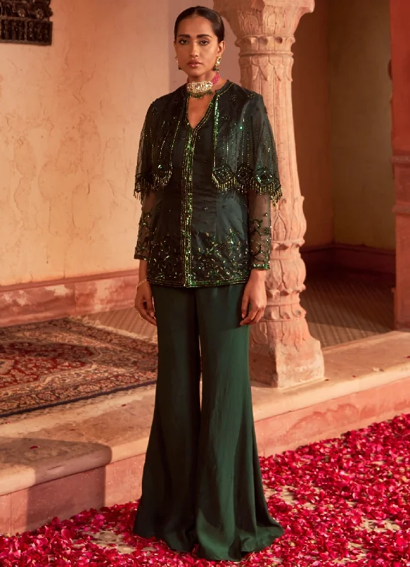 Deep Green Embellished Georgette Kurta Set With Sharara Pant & Cape Fashionable Work Pants Deep Green Embellished Georgette Kurta Set With Sharara Pant & Cape Fashionable Work Pants