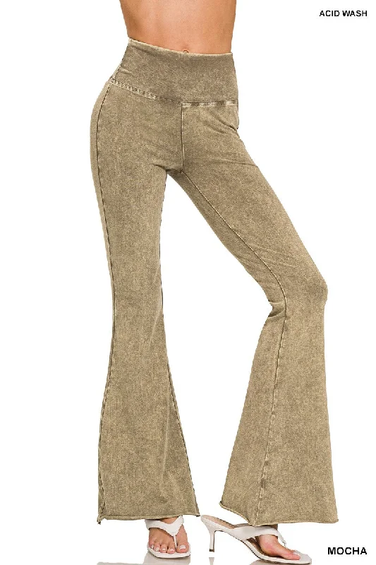 Zenana Acid Washed High Waist Raw Hem Boot Cut Pant CPW-3197D4 Mocha Casual Wide Pants