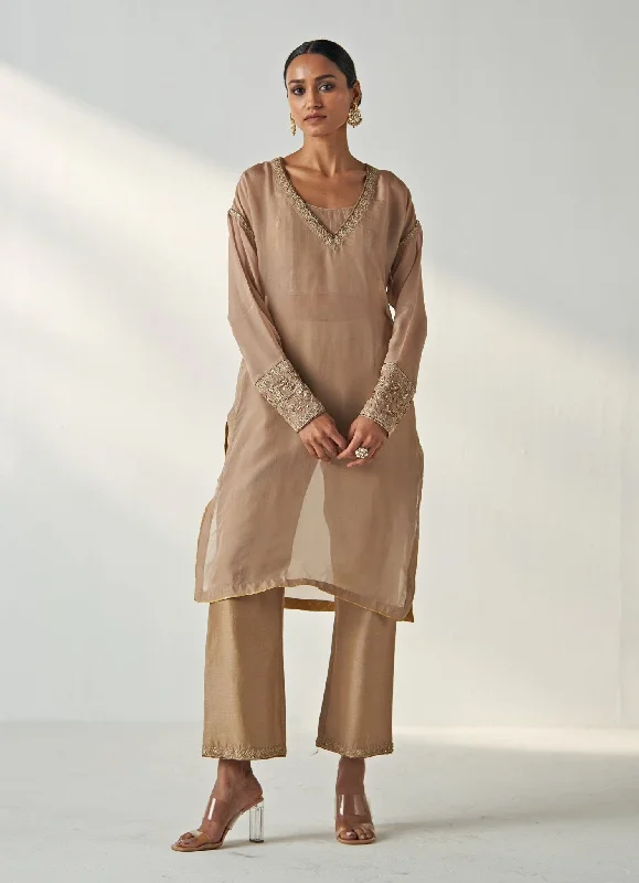 Nude Gold Embroidered Organza Kurta Pant Set High-Waist Jogger Pants