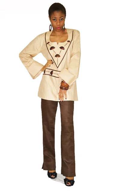 Brown Embroidered Voile Top with Linen Pants for Women Soft Stretch Trousers