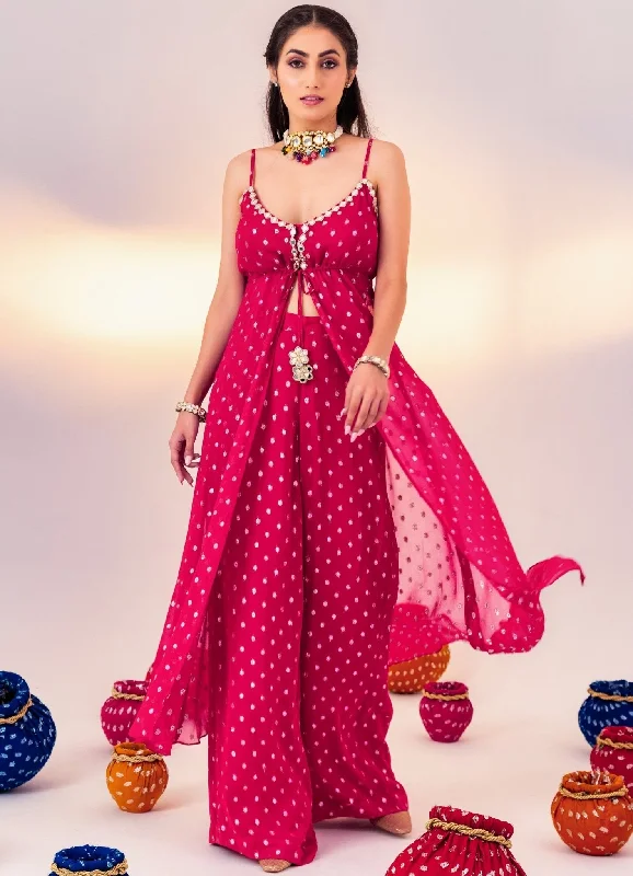 Rani Pink Printed Georgette Kurta Set With Pant High-Waist Jeans