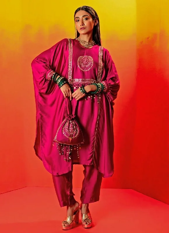 Pink Embroidered Anti-Fit Kurta With Pants Modern Stretch Trousers