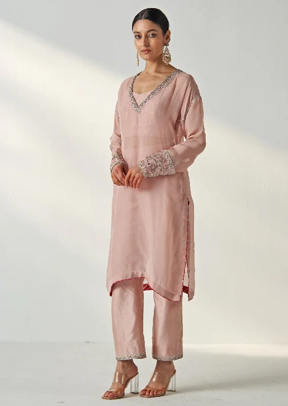 Blush Pink Embroidered Organza Kurta Pant Set Trendy Velvet Pants