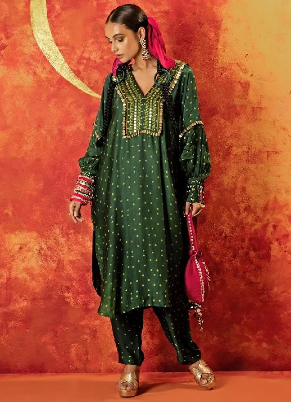 Green Embroidered And Hand-Blocked Satin Kurta With Pants Fashionable Sporty Pants