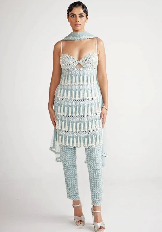 Powder Blue Chandelier Pearl Drop Pant Kurta Set Fashionable Jogger Pants