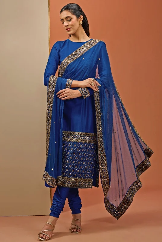Blue Embellished Chanderi Straight Kurta Pant Set Classic Pleated Pants