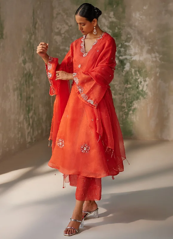 Red Embroidered Kurta Pant Set Comfortable Denim Leggings