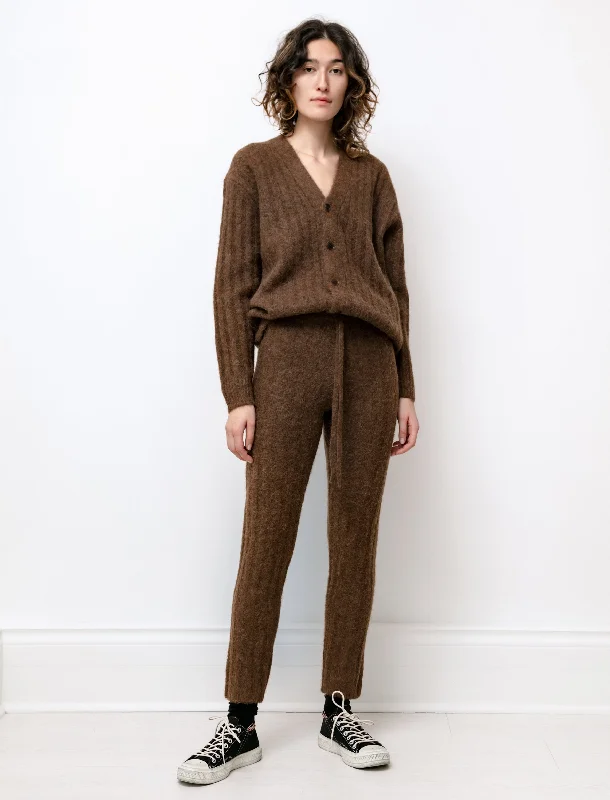 Baby Alpaca Wool Rib Pants Brown Soft Stretch Trousers