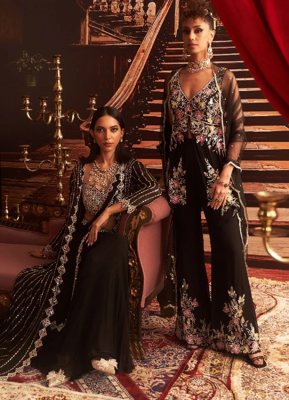 Black Embroidered Peplum Kurta And Pants Soft Stretch Trousers