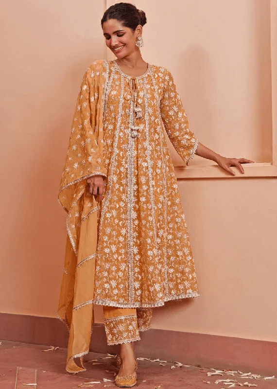Orange Anarkali Kurta Pants Set Chic Slim Fit Pants