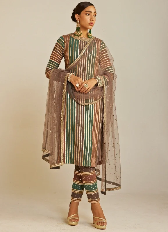 Mud Green Round Neck Straight Kurta Pant And Dupatta Set Soft Wool Pants