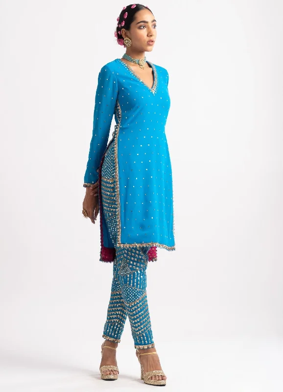 Firozi Blue Multi Geo Pant Kurta Set Classic Bootcut Trousers