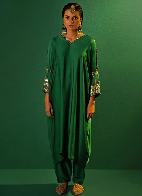 Green Embroidered Anti-Fit Kurta Pant Set Trendy Wide-Legged Trousers