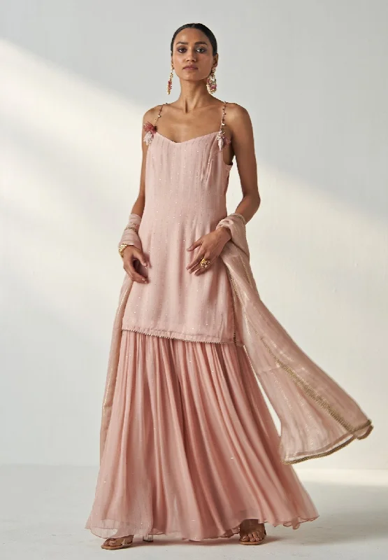 Blush Pink Embroidered Organza Kurta Pant Set Modern Skinny Pants