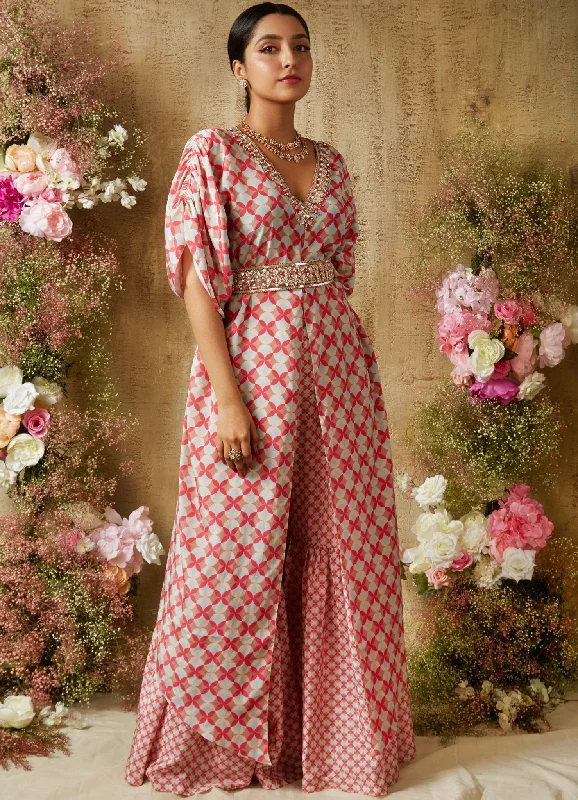Pop Pink Printed Front Slit Crepe Kaftan Set With Sharara Pant Relaxed Lounge Trousers Pop Pink Printed Front Slit Crepe Kaftan Set With Sharara Pant Relaxed Lounge Trousers
