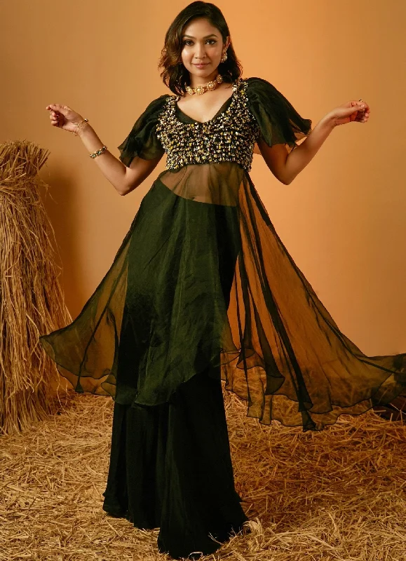 Black Embellished Organza Bustier With Sharara Pants Formal Wide-Leg Pants