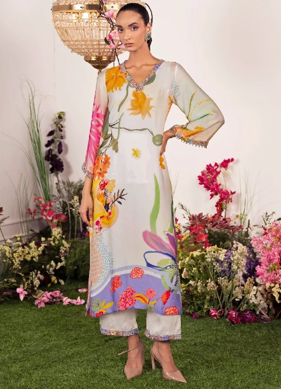 White Summer Bloom Printed Kurta Pant Cozy Full-Length Pants