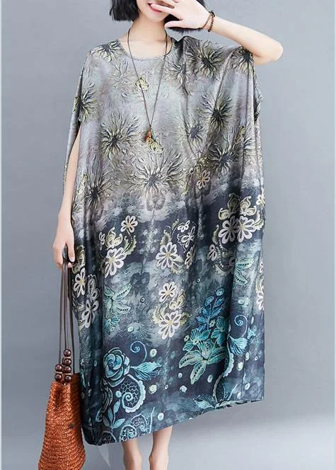 Beautiful Gray Print Long O Neck Baggy  Summer Dress