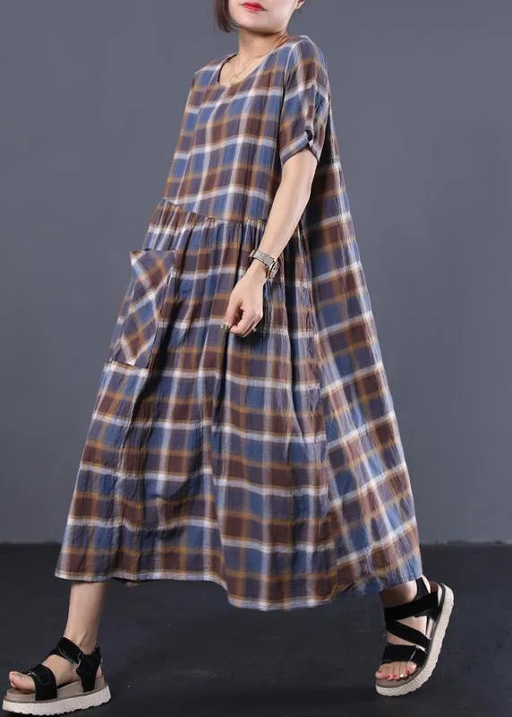 Bohemian big hem cotton tunic dress Catwalk blue plaid long Dresses summer