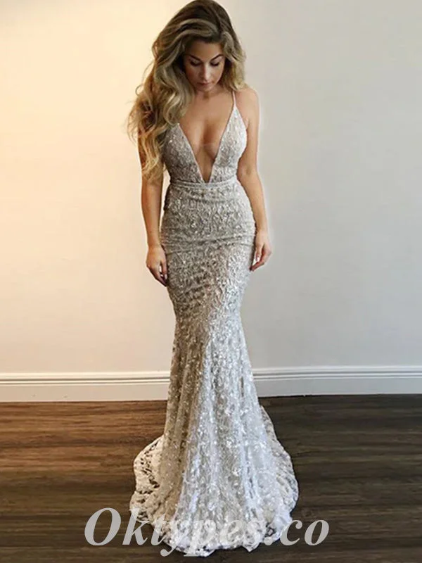 Sexy Lace And Tulle Spaghetti Straps Deep V-Neck Sleeveless Mermaid Long Prom Dresses ,PDS0624 Sexy Lace And Tulle Spaghetti Straps Deep V-Neck Sleeveless Mermaid Long Prom Dresses ,PDS0624
