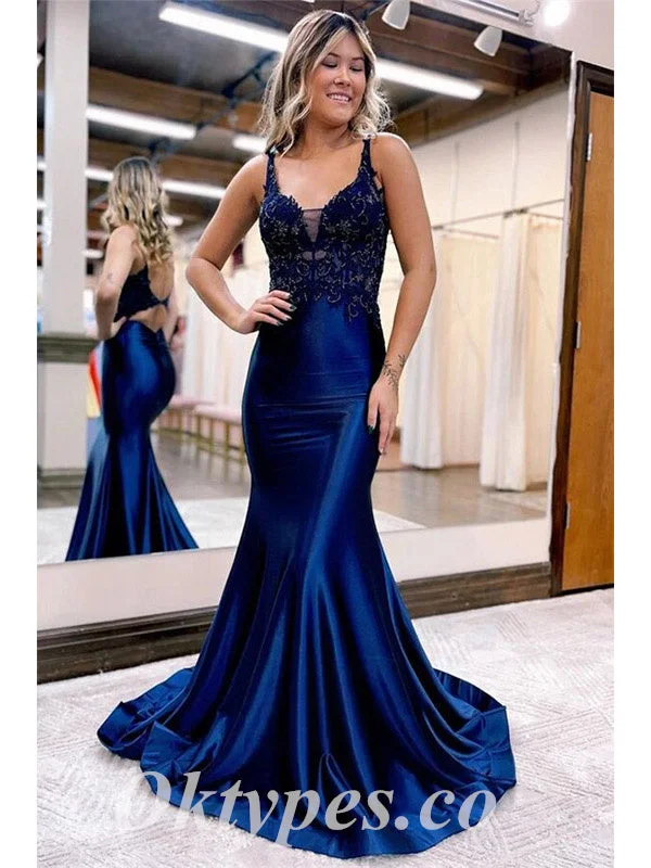Elegant Satin Spaghetti Straps V-Neck Sleeveless Mermaid Long Prom Dresses With Beading, PDS0844 Elegant Satin Spaghetti Straps V-Neck Sleeveless Mermaid Long Prom Dresses With Beading, PDS0844