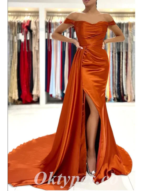 Sexy Burnt-Orange Satin Off Shoulder Side Slit Mermaid Long Prom Dresses With Trailing,PDS0600 Sexy Burnt-Orange Satin Off Shoulder Side Slit Mermaid Long Prom Dresses With Trailing,PDS0600