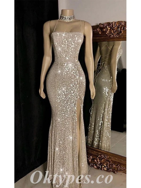 Sexy Sequin Spaghetti Straps Sleeveless Lace Up Back Side Slit Mermaid Long Prom Dresses,PDS0645 Sexy Sequin Spaghetti Straps Sleeveless Lace Up Back Side Slit Mermaid Long Prom Dresses,PDS0645