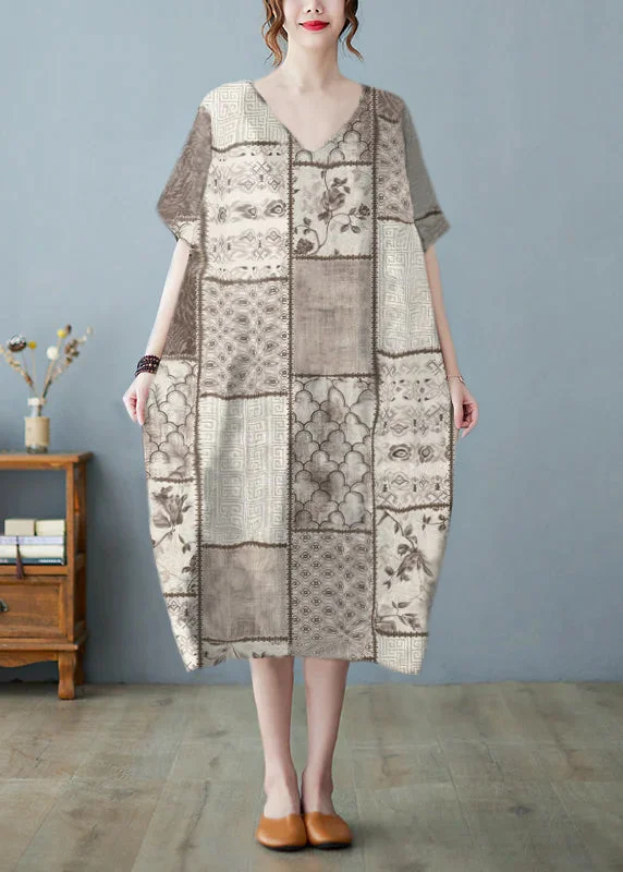 Plus Size Khaki geometry V Neck Print Long Dress Short Sleeve
