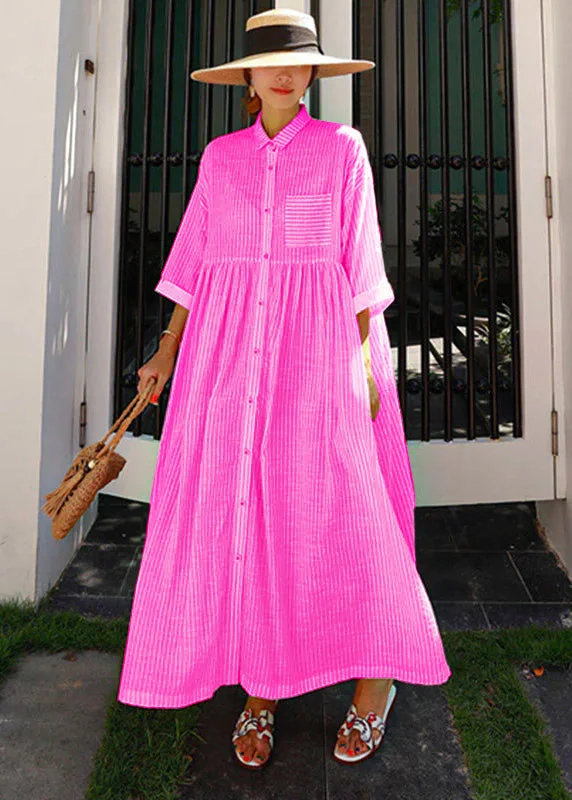 Bohemian Rose Peter Pan Collar Striped Button Pockets Wrinkled Long Dresses Half Sleeve Bohemian Rose Peter Pan Collar Striped Button Pockets Wrinkled Long Dresses Half Sleeve