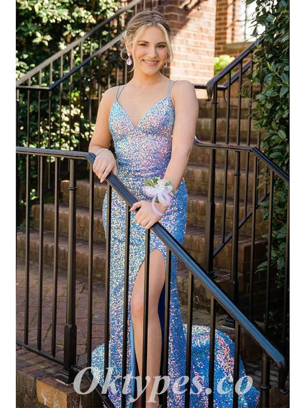 Charming Sequin Spaghetti Straps Sleeveless Criss Cross Side Slit Mermaid Long Prom Dresses,PDS0608 Charming Sequin Spaghetti Straps Sleeveless Criss Cross Side Slit Mermaid Long Prom Dresses,PDS0608