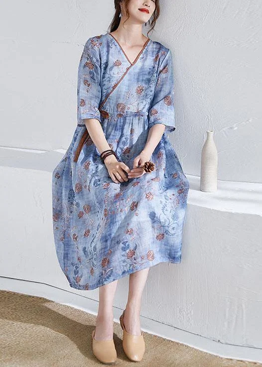 Modern Blue Tie Waist Patchwork Print Summer Ramie Dress Half Sleeve