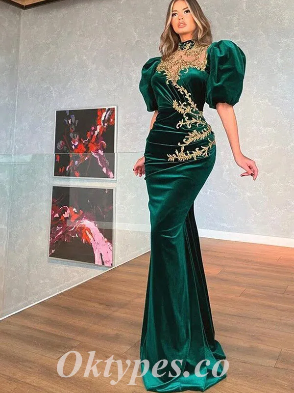 Elegant Velvet High Neck Half Sleeves Backless Mermaid Long Prom Dresses With Applique,PDS0794 Elegant Velvet High Neck Half Sleeves Backless Mermaid Long Prom Dresses With Applique,PDS0794