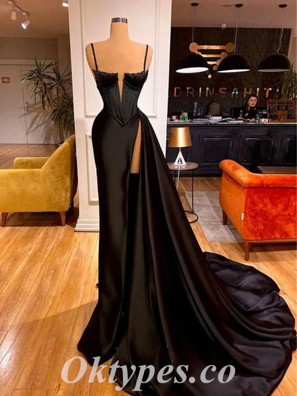 Sexy Black Satin Spaghetti Straps V-Neck Sleeveless Side Slit Mermaid Long Prom Dresses ,PDS0625 Sexy Black Satin Spaghetti Straps V-Neck Sleeveless Side Slit Mermaid Long Prom Dresses ,PDS0625