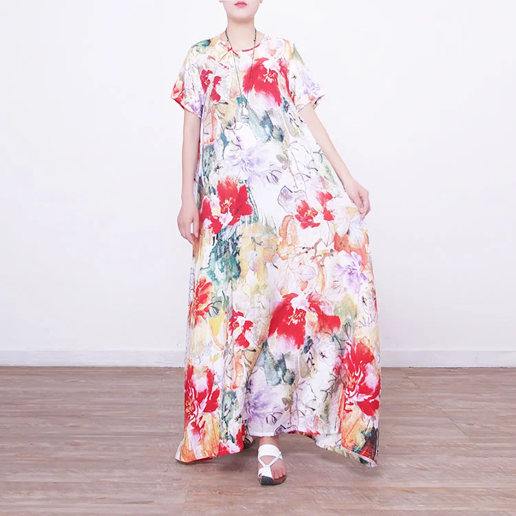 baggy prints long linen dresses casual oversized o neck linen gown boutique Chinese Button long dresses baggy prints long linen dresses casual oversized o neck linen gown boutique Chinese Button long dresses