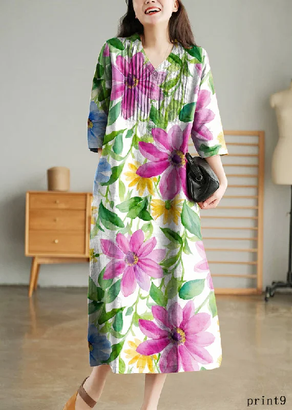 White Print9 Loose Linen Long Dresses Button Solid Half Sleeve