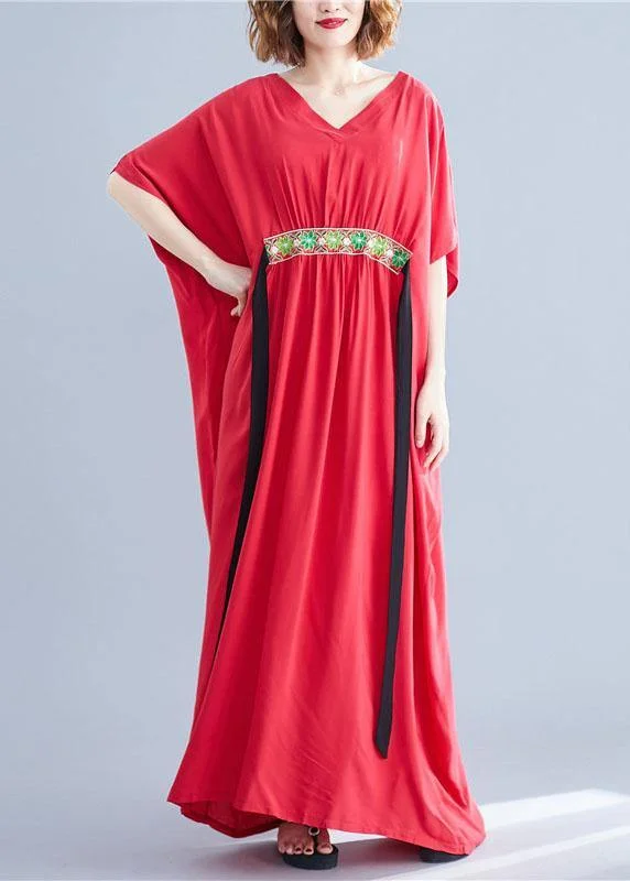 Classy Red V Neck Bow Summer Long Dresses Half Sleeve