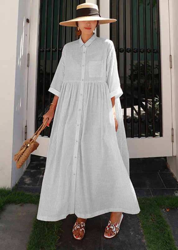 Bohemian Grey Peter Pan Collar Striped Button Pockets Wrinkled Long Dresses Half Sleeve Bohemian Grey Peter Pan Collar Striped Button Pockets Wrinkled Long Dresses Half Sleeve