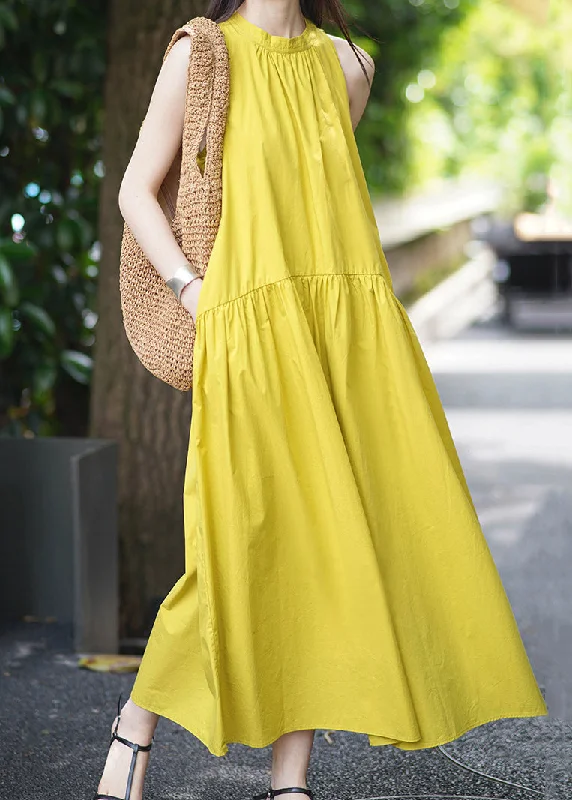 Elegant Yellow Pockets Solid Cotton Long Dress Sleeveless