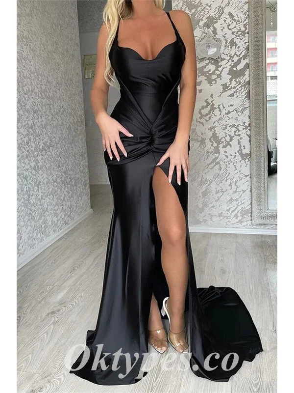 Sexy Black Soft Satin Spaghetti Straps V-Neck Sleeveless Side Slit Mermaid Long Prom Dresses,PDS0750 Sexy Black Soft Satin Spaghetti Straps V-Neck Sleeveless Side Slit Mermaid Long Prom Dresses,PDS0750