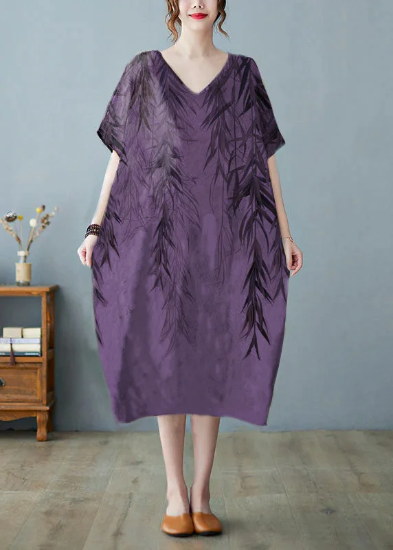Plus Size Purple flowers V Neck Print Long Dress Short Sleeve
