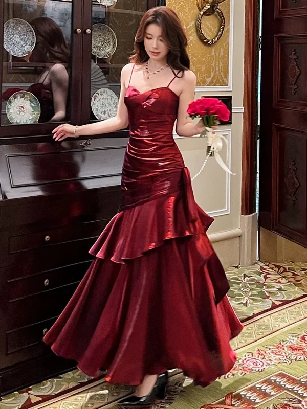 Wine Red Satin Mermaid Straps Long Evening Dress, Wine Red Satin Prom Dress Formal Dress Wine Red Satin Mermaid Straps Long Evening Dress, Wine Red Satin Prom Dress Formal Dress